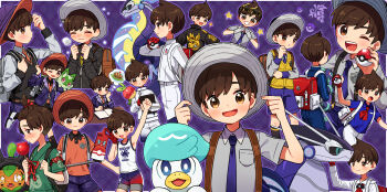 1boy :&lt; applin aqua_eyes arm_up backpack bag black_jacket black_sclera black_socks black_vest blue_eyes blue_pants blue_shirt blueberry_academy_school_uniform blush book breast_pocket bright_pupils brown_bag brown_eyes brown_hair candy_apple cellphone character_print closed_eyes closed_mouth cold collared_shirt colored_sclera dot_nose fangs festival_jinbei fingernails florian_(pokemon) food from_side gen_4_pokemon gen_8_pokemon gloves green_kimono grey_bag grey_shirt hair_ribbon hand_on_headwear hands_on_headwear hat highres holding holding_candy_apple holding_food holding_poke_ball holding_pokemon holding_strap jacket japanese_clothes jinbei_(clothes) kimono league_club_uniform long_sleeves male_focus maschiff miraidon multicolored_shorts multiple_views neckerchief necktie nintendo non-humanoid_robot nostrils official_alternate_costume official_alternate_hairstyle ogerpon ogerpon_(teal_mask) on_shoulder one_eye_closed open_book open_mouth orange_necktie orange_shirt outline pants partially_fingerless_gloves phone pocket poke_ball poke_ball_(basic) poke_ball_symbol pokemon pokemon_(creature) pokemon_on_shoulder pokemon_sv print_shorts purple_background purple_hat purple_jacket purple_outline purple_shorts quaxly red_bag red_eyes red_gloves red_neckerchief red_ribbon ribbon rii_(pixiv11152329) robot roto-stick rotom rotom_phone sandwich school_uniform selfie_stick shirt short_hair short_sleeves shorts single_glove smartphone smile socks speech_bubble sprigatito star-shaped_pupils star_(symbol) symbol-shaped_pupils tank_top teeth terapagos terapagos_(normal) thought_bubble topknot undercut upper_teeth_only uva_academy_school_uniform vest white_bag white_pants white_pupils white_shirt white_tank_top yellow_eyes yellow_vest zipper