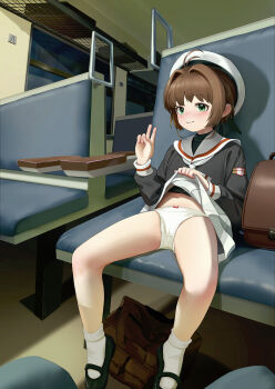 1girl absurdres akifn antenna_hair bag beret black_serafuku black_shirt black_shoes blush bow bow_panties brown_hair cardcaptor_sakura censored chinese_commentary clothes_lift commentary_request exhibitionism green_eyes groin hair_intakes hand_up hat highres kinomoto_sakura legs lifting_own_clothes loli long_sleeves looking_at_viewer mary_janes navel neckerchief open_mouth panties perspective pov public_indecency sailor_collar school_bag school_uniform serafuku shadow shirt shoes short_hair sidelocks sitting skirt skirt_lift socks solo_focus spread_legs thighs tomoeda_elementary_school_uniform tomoeda_middle_school_uniform train_interior underwear v white_hat white_neckerchief white_panties white_sailor_collar white_skirt white_socks