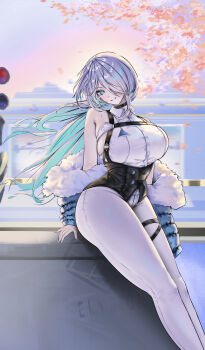 1girl absurdres aqua_hair backless_shirt bare_shoulders black_choker black_corset blue_eyes blue_jacket breasts brid_(nikke) brid_(silent_track)_(nikke) chest_harness choker collared_shirt colored_inner_hair commentary corset english_commentary floating_hair fur-trimmed_jacket fur_trim goddess_of_victory:_nikke grey_hair hair_between_eyes hair_down hair_over_one_eye harness highres jacket jintan0055 large_breasts long_hair looking_at_viewer multicolored_hair off_shoulder official_alternate_costume official_alternate_hairstyle outdoors pants parted_lips railroad_signal shirt sideboob sideless_shirt sidelocks sitting sleeveless sleeveless_shirt smile solo sunset thigh_strap tight_clothes tight_pants train two-tone_hair white_pants white_shirt