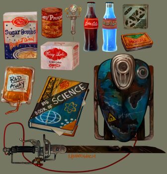 artist_name backpack bag book bottle can canned_food cassette_tape cereal cereal_box drugs fallout fallout_3 fuel_tank medicine momo-deary nuka-cola object_focus shishkebab_(fallout) soda_bottle stimpak_(fallout) sword textbook valve weapon