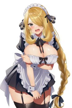 1girl absurdres alternate_breast_size_(larger) apron black_dress black_ribbon black_thighhighs blonde_hair blush braid breasts cleavage cleavage_cutout clothing_cutout commentary_request cynthia_(pokemon) dress dress_tug embarrassed garter_straps grey_eyes hair_over_one_eye hair_ribbon highres large_breasts long_hair looking_at_viewer maid maid_apron maid_headdress neck_ribbon nintendo open_mouth pokemon pokemon_diamond/pearl/platinum ribbon simple_background small_sweatdrop solo thighhighs white_apron white_background white_headdress white_wrist_cuffs wrist_cuffs yusyakandenti