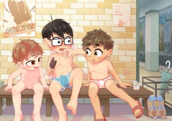 2022 3boys absurdres barefoot black_hair blush brown_eyes brown_hair glasses highres male_focus multiple_boys nude original penis rain sandals shota smile testicles tongue tongue_out toxyz uncensored underwear yaoi
