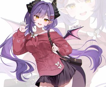 Rule 34 | 1girl, bag, black bag, black skirt, blush, collarbone, commentary, cowboy shot, dragon horns, dragon tail, dragon wings, handbag, heart, highres, horns, ika (4801055), long hair, long sleeves, open mouth, pointy ears, purple hair, red sweater, sakihane huya, single off shoulder, skirt, solo, stellive, sweater, tail, teeth, twintails, untranslatable commentary, upper teeth only, very long hair, virtual youtuber, white background, wings, yellow eyes, zoom layer