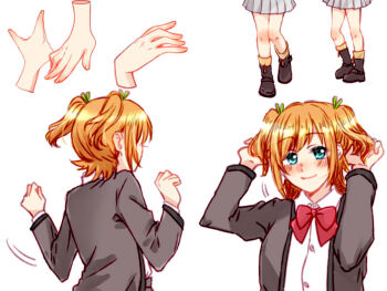 1girl akikan_(0272) arms_up black_boots blonde_hair blue_eyes boots bow bowtie clenched_hands closed_mouth collared_shirt commentary_request daiba_nana disembodied_hand facing_away green_ribbon grey_jacket grey_skirt hair_ribbon hands_up holding holding_own_hair jacket leg_up looking_at_viewer miniskirt motion_lines multiple_views open_clothes open_jacket pleated_skirt red_bow red_bowtie ribbon school_uniform seishou_music_academy_uniform shirt short_hair shoujo_kageki_revue_starlight simple_background skirt smile standing standing_on_one_leg swept_bangs tassel white_background white_shirt