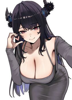 1girl asymmetrical_horns black_hair blue_hair breasts cleavage closed_mouth colored_inner_hair commentary cropped_jacket demon_horns dongtan_dress dress eneeues flower grey_dress grey_jacket half-heart_hands hand_up highres hololive hololive_english horn_flower horns jacket large_breasts leaning_forward long_hair long_sleeves looking_at_viewer mole mole_under_eye multicolored_hair nerissa_ravencroft pencil_dress purple_eyes reaching reaching_towards_viewer sidelocks simple_background slit_pupils smile solo symbol-only_commentary uneven_horns very_long_hair virtual_youtuber white_background