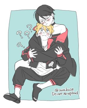 1boy 1girl :&lt; ? bare_shoulders black_choker black_hair black_jacket black_pants black_tube_top blonde_hair blue_eyes blush_stickers boruto:_naruto_next_generations boruto:_two_blue_vortex choker commentary_request facial_mark frown glasses highres hug hug_from_behind jacket naruto_(series) onka_(aun_ka28) pants short_hair strapless sweat time_paradox tube_top twitter_username uchiha_sarada uzumaki_boruto watermark whisker_markings