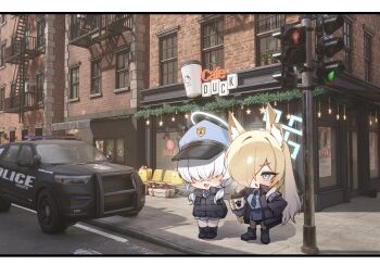 2girls animal_ear_fluff animal_ears armband blonde_hair blue_archive blue_eyes blue_halo blue_necktie blue_skirt blush breasts car city collared_shirt commentary cup day disposable_coffee_cup disposable_cup dog_ears dog_girl english_commentary extra_ears full_body hair_over_one_eye halo hat highres holding holding_cup kanna_(blue_archive) long_hair long_sleeves micasa_tto miniskirt motor_vehicle multiple_girls necktie notched_ear open_mouth outdoors pantyhose peaked_cap pleated_skirt police police_car police_hat police_uniform policewoman purple_armband shirt skirt smile standing traffic_light valkyrie_police_academy_student_(sg)_(blue_archive) very_long_hair white_shirt