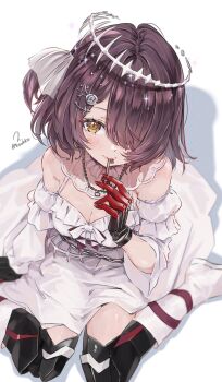 1girl android bare_shoulders boots bow bowtie breasts brown_hair cleavage closed_mouth commentary_request detached_sleeves dress fish_hair_ornament foot_out_of_frame frilled_dress frills from_above hair_bow hair_ornament hair_over_one_eye halo halter_dress halterneck highres holding holding_key hololive invisible_floor key light_blush light_smile long_sleeves looking_at_viewer mechanical_hands mechanical_legs medium_breasts medium_hair official_alternate_costume official_alternate_hairstyle one_eye_covered one_side_up puffy_sleeves revision roboco-san roboco-san_(13th_costume) signature simple_background sitting solo swept_bangs torokko twitter_username virtual_youtuber wariza white_background white_boots white_bow white_bowtie white_dress yellow_eyes