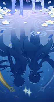 1boy 1girl aether_(genshin_impact) ahoge brother_and_sister commentary english_commentary flower genshin_impact highres long_hair lumine_(genshin_impact) official_art on_water out_of_frame reflection ripples short_hair_with_long_locks siblings standing star_(symbol) very_long_hair water white_flower