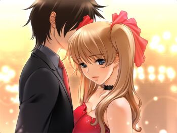 1boy 1girl ayanojou_reiko black_suit breasts brown_hair choker cleavage couple dress formal g.j? game_cg grey_eyes hair_ribbon hetero lips necktie queen_bonjourno red_dress red_neckwear ribbon sano_toshihide school_uniform serafuku strapless suit twintails