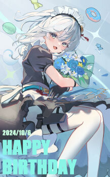 Rule 34 | 1girl, absurdres, apron, belt, black gloves, blush, bouquet, candy, colored eyelashes, commentary request, donut, edible sus, fangs, flower, food, frilled apron, frills, gloves, green eyes, grey hair, gun, highres, holding, holding bouquet, holster, indie virtual youtuber, macaron, maid headdress, nekomugi tororo, smile, thigh holster, thigh strap, virtual youtuber, weapon, white eyelashes, white hair