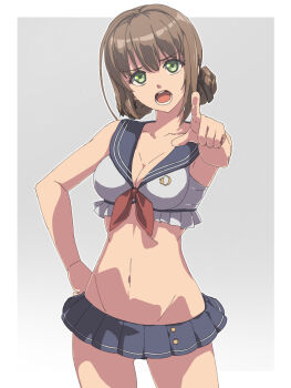 1girl bikini bikini_skirt border bow bow_bikini breasts brown_hair chiharu_(9654784) cleavage double-parted_bangs duvalie eiyuu_densetsu green_eyes grey_background hair_between_eyes hair_bun hajimari_no_kiseki hand_on_own_hip highres large_breasts looking_at_viewer navel open_mouth pointing pointing_at_viewer sailor_bikini sailor_collar sen_no_kiseki sen_no_kiseki_(series) sen_no_kiseki_iv short_hair simple_background solo swimsuit two-tone_background white_bikini white_border