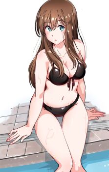 1girl bare_shoulders bikini black_bikini blue_eyes blush breasts brown_hair cleavage collarbone hibike!_euphonium highres kuroe_mayu large_breasts long_hair looking_at_viewer navel parted_lips pool poolside sitting solo stomach swimsuit ukkii water