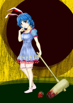 1girl animal_ears bloomers blue_dress blue_hair blush_stickers breasts covering_own_mouth crescent dress food fruit hand_over_own_mouth kams kine large_breasts looking_at_viewer mallet pink_socks rabbit_ears red_eyes seiran_(touhou) short_hair socks star_(symbol) strawberry touhou underwear