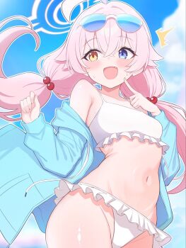 1girl ahoge bare_shoulders bikini blue-tinted_eyewear blue_archive blue_eyes blue_jacket blush breasts eyewear_on_head fang frilled_bikini frills groin hair_between_eyes hair_bobbles hair_ornament halo heterochromia highres hoshino_(blue_archive) hoshino_(swimsuit)_(blue_archive) jacket kakinarchiveman long_hair long_sleeves low_twintails navel official_alternate_costume open_clothes open_jacket open_mouth outdoors pink_hair pink_halo sky small_breasts smile solo stomach sunglasses swimsuit tinted_eyewear twintails white-framed_eyewear white_bikini yellow_eyes