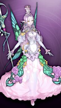 1girl breasts covered_navel dress earrings fairy_wings flower forehead gloves green_wings grey_gloves hat jewelry juliet_sleeves long_hair long_sleeves looking_at_viewer outstretched_arms pale_skin parted_lips pink_dress pink_flower pink_hair pink_hat pink_rose pink_shoes pointy_ears puffy_sleeves rose shoes smile solo wings yellow_eyes