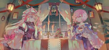 2girls adapted_costume artist_request bare_shoulders blonde_hair blue_kimono bow breasts candle candlestand chair champagne_flute christmas_tree closed_mouth cup detached_sleeves drinking_glass eating flower folded_fan folding_fan food food_request fork frilled_kimono frilled_sleeves frills fruit game_cg hair_bow hair_flower hair_ornament hand_fan hat hat_ribbon holding holding_fan holding_fork indoors japanese_clothes kimono lantern long_hair long_sleeves mob_cap multiple_girls no_headwear non-web_source off_shoulder official_art on_chair open_mouth pink_bow pink_eyes pink_hair pink_ribbon purple_eyes purple_tabard ribbon saigyouji_yuyuko second-party_source short_hair sitting smile strawberry strawberry_slice tabard table touhou touhou_gensou_eclipse wide_sleeves window yakumo_yukari