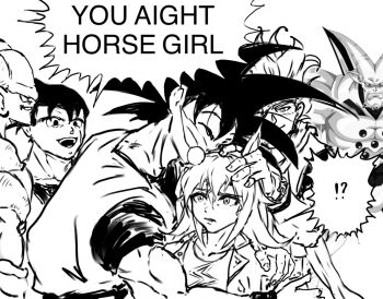 1girl animal_ears dragon_ball dragon_ball_gt dragon_ball_super dragonball_z ear_ornament gantz granolah_(dragon_ball) highres horse_ears horse_girl janemba jerry_thejerry meme monochrome multiple_boys oguri_cap_(umamusume) omega_shenron son_gohan son_gohan_(future) son_goku umamusume umamusume:_cinderella_gray you_aight_white_boy_(meme)