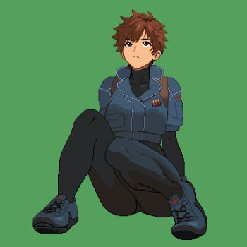 1girl arm_support black_bodysuit bodysuit brown_hair collarbone commentary cropped_jacket full_body grey_jacket highres jacket kei_sakuragi looking_up messy_hair picopico256 pixel_art shoes short_hair sitting skin_tight sneakers solo the_scramble_vice