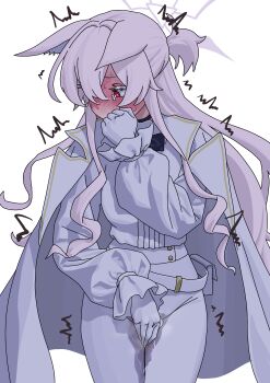 Rule 34 | 1girl, absurdres, akira (blue archive), animal ears, averting eyes, belt, blue archive, blush, cat ears, cloak, commentary request, covering crotch, covering privates, frilled sleeves, frills, full-face blush, gloves, half updo, have to pee, highres, korean commentary, long hair, long sleeves, looking to the side, okokorika, pants, peeing, peeing self, red eyes, shirt, simple background, solo, standing, sweat, tearing up, trembling, upper body, white background, white belt, white cloak, white gloves, white pants, white shirt
