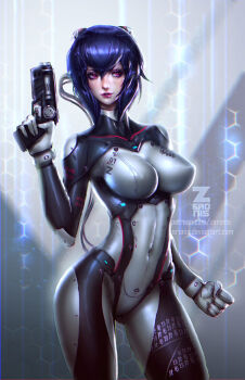 1girl black_bodysuit blue_hair bodysuit breasts covered_navel female_focus ghost_in_the_shell gradient_background gun handgun highres honeycomb_(pattern) honeycomb_background honeycomb_pattern kusanagi_motoko large_breasts lips neon_trim parted_lips pistol purple_eyes purple_hair solo striped_background thighs watermark weapon web_address wire zeronis
