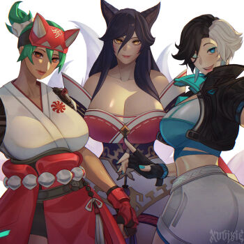 3girls ahri_(league_of_legends) animal_ears artist_name asian bare_shoulders black_hair black_jacket blue_eyes breasts brown_eyes cleavage closed_mouth commentary country_connection cropped_jacket crossover dress earrings english_commentary facial_mark fingerless_gloves fox_ears fox_girl fox_mask fox_tail gloves green_hair hair_between_eyes high_ponytail highres jacket japanese_clothes jewelry kimono kiriko_(overwatch) kitsune korean_clothes kyuubi large_breasts league_of_legends long_hair looking_at_viewer luna_snow marvel marvel_rivals mask multicolored_hair multiple_crossover multiple_girls multiple_tails one_eye_closed open_mouth overwatch ponytail red_dress short_hair shorts sidelocks smile strapless strapless_dress tail teeth two-tone_hair upper_teeth_only white_hair white_kimono white_shorts xuuikie_ashe yellow_eyes