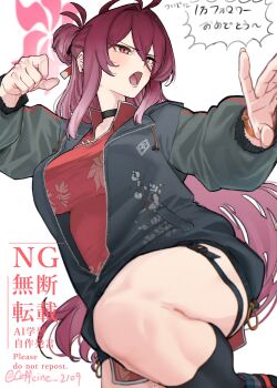 1girl arm_up armor bike_shorts black_choker black_jacket black_shorts black_socks blue_archive caffeine_2109 china_dress chinese_clothes choker clenched_hand collared_dress commentary_request dress earrings fighting_stance hair_between_eyes hair_bun halo hand_up highres jacket japanese_armor jewelry leg_up long_sleeves lower_teeth_only mole mole_under_eye open_clothes open_jacket open_mouth red_dress red_eyes red_hair red_halo reijo_(blue_archive) shorts shoulder_armor sidelocks single_hair_bun socks sode solo stud_earrings teeth thigh_strap twitter_username watch watermark