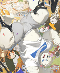 Rule 34 | 3boys, absurdres, ajin (hirainaoto1), bara, bear boy, birthday, blurry, blush, bulge, cake, confetti, depth of field, food, from above, highres, large pectorals, looking at another, male focus, midriff peek, multiple boys, muscular, muscular male, navel, original, party, pectorals, plump, raglan sleeves, short hair, shorts, slime (substance), stuffed animal, stuffed toy, teddy bear, thick thighs, thighs, tiger boy, upside-down, white fur
