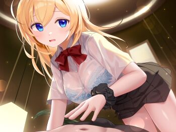 1boy 1girl ahoge black_scrunchie black_shorts black_skirt blonde_hair blue_bra blue_eyes blush bra bra_visible_through_clothes breasts bulge ceiling collared_shirt erection erection_under_clothes hair_between_eyes highres indoors lace lace-trimmed_bra lace_trim lamp long_hair looking_at_viewer medium_breasts navel open_mouth red_ribbon ribbon school_uniform scrunchie see-through_clothes see-through_shirt shimofuri_takenoko shirt short_sleeves shorts sidelocks skirt underwear wavy_mouth wet wet_clothes wet_shirt white_shirt wrist_scrunchie