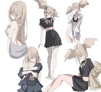 1girl absurdres black_bra black_sailor_collar black_shirt black_skirt blonde_hair blush bougu bra breasts commentary contrapposto cowboy_shot from_behind from_side full_body highres jacket jacket_partially_removed kendo_mask kimono_partially_removed laneigu looking_at_viewer messy_hair midriff multiple_views naked_towel neckerchief open_clothes open_jacket open_shirt original pantyhose sailor_collar shirt skirt small_breasts straight_hair sweat towel twintails underwear undressing upper_body white_background white_neckerchief white_pantyhose white_shirt yellow_eyes yellow_jacket