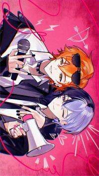 Rule 34 | 2boys, absurdres, aoyagi touya, apt. (rose &amp; bruno mars), black nails, black necktie, blonde hair, blue hair, choker, clenched teeth, collared shirt, commentary, earrings, eyewear on head, fingernails, hair between eyes, hand up, hands up, heart, highres, holding, holding megaphone, holding microphone, jewelry, layered clothes, lightning bolt symbol, long sleeves, looking at viewer, male focus, megaphone, microphone, multicolored hair, multiple boys, nail polish, necktie, notice lines, one eye closed, orange hair, pink nails, project sekai, ring, shinonome akito, shirt, short hair, sideways, smile, spiked choker, spikes, split-color hair, streaked hair, sunglasses, teeth, two-tone hair, upper body, white shirt, zhao yifei