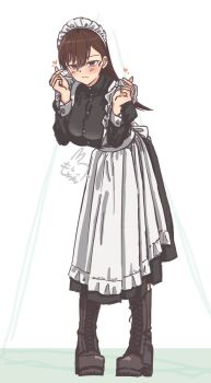 absurdres alternate_costume apron black_boots black_dress boots breasts brown_eyes brown_hair dress enmaided finger_heart full_body highres kantai_collection lace-up_boots long_hair looking_at_viewer maid maid_headdress medium_breasts motizou ooi_(kancolle) simple_background white_apron white_background