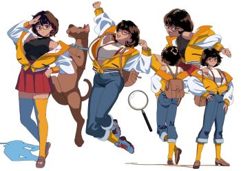 1girl blue_eyes blue_pants blunt_bangs brown_footwear brown_hair capri_pants colored_shadow denim dog edoya_inuhachi from_behind great_dane highres jeans jumping layered_clothes loafers looking_at_viewer magnifying_glass multiple_views orange_socks orange_sweater orange_thighhighs pants partially_unzipped pleated_skirt red-framed_eyewear scooby-doo scooby-doo_(character) shadow shirt shoes short_hair simple_background skirt sleeveless sleeveless_shirt sneakers socks sweater tan thighhighs turtleneck velma_dinkley white_background white_sleeves