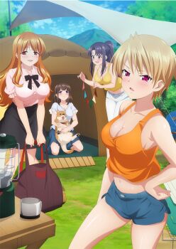 4girls animal azuma_haruki bag bare_arms bare_shoulders black_skirt blonde_hair blue_shorts breasts brown_hair camping cleavage collarbone dog hand_on_own_hip harem_camp! highres holding holding_animal holding_bag holding_dog large_breasts long_hair looking_at_viewer medium_breasts medium_hair midriff multiple_girls navel official_art open_mouth orange_hair orange_tank_top outdoors pants pink_eyes pink_shirt ponytail shirt short_hair short_shorts shorts skirt smile tank_top tent white_pants white_shirt yellow_tail