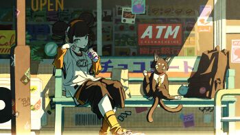 1girl air_conditioner backpack bag bag_charm black_hair blunt_bangs brown_pants cat charm_(object) commentary convenience_store cup double_bun english_commentary english_text engrish_text full_body gaako_illust graffiti green_socks grey_eyes hair_bun head_rest headphones highres holding holding_cup layered_sleeves long_sleeves on_bench orange_shirt original outdoors oversized_clothes pants ranguage shirt shoes shop short_over_long_sleeves short_sleeves sidelocks sideways_glance sitting sneakers socks sticker t-shirt unworn_backpack unworn_bag white_shirt