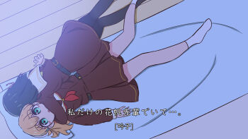 2girls aqua_eyes arm_around_neck black_hair black_pantyhose brown_dress cerise_bouquet commentary_request dress fake_screenshot hair_ornament hasu_no_sora_school_uniform highres hinoshita_kaho kneeling link!_like!_love_live! love_live! love_live!_nijigasaki_high_school_idol_club lying medium_hair momose_ginko multiple_girls no_shoes on_back on_bed open_mouth orange_hair pantyhose parody pleated_dress rabbit_hair_ornament sailor_collar sailor_dress school_uniform short_dress socks subtitled sukecolo translation_request two_side_up virtual_youtuber white_sailor_collar white_socks winter_uniform yuri