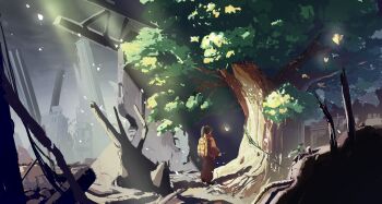 1girl absurdres backpack bag black_hair bug butterfly crowbar facing_away glowing_butterfly grey_sky highres holding holding_crowbar insect light_rays mo_rimori_morio original overcast plant ponytail post-apocalypse rebar ruins scenery sky solo standing tree vines wide_shot yellow_bag