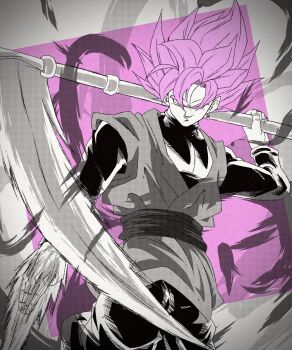 1boy absurdres arm_blade cowboy_shot dragon_ball dragon_ball_super earrings energy_blade energy_sword goku_black grey_background highres holding holding_scythe jewelry limited_palette medium_hair noir_illust partially_colored pink_hair potara_earrings scythe simple_background single_earring solo super_saiyan super_saiyan_rose sword tunic weapon