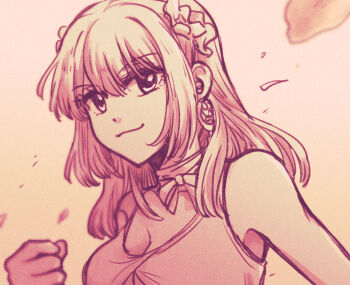 1girl breasts choker cleavage clenched_hand closed_mouth danbingkelp dr._stone earrings hair_ornament jewelry kohaku_(dr._stone) long_hair looking_at_viewer medium_breasts medium_hair monochrome sepia smile solo upper_body