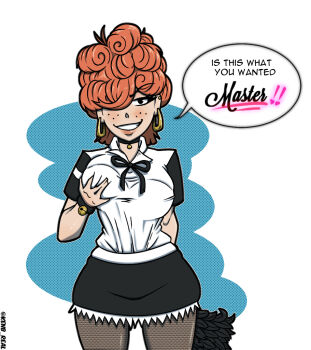 1girl assertive_female blush bow bowtie breasts cartoon_network collar curly_hair earrings ed_edd_n_eddy jewelry kenbr_arts lee_kanker maid one_eye_covered orange_hair simple_background smile teeth white_background wristband