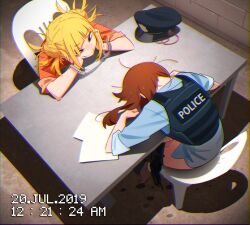 2girls absurdres barefoot blonde_hair blue_shirt boku_no_hero_academia brown_hair chair closed_mouth commentary cuffs denki_anma double_bun english_commentary fang fang_out footjob footjob_under_table grin hair_bun handcuffs hands_up hat highres indoors interrogation khyle. looking_at_another medium_hair messy_hair multiple_girls orange_shirt paper police police_hat police_uniform purple_eyes pussy_juice shirt sitting smile table timestamp toes toga_himiko unworn_hat unworn_headwear uraraka_ochako yuri