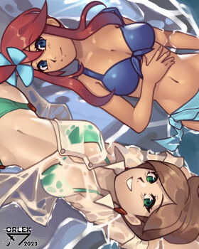 2girls absurdres arms_behind_head artist_name professor_juniper bikini blue_bikini breasts brown_hair buttons cleavage commentary eyelashes from_above green_bikini green_eyes grin hair_ornament hand_on_own_stomach highres legs looking_at_viewer lying multiple_girls navel nintendo on_back one_side_up orlek parted_bangs pokemon pokemon_bw red_hair sarong shirt short_hair sidelocks skyla_(pokemon) smile swimsuit teeth thighs toned water wet wet_clothes wet_shirt white_shirt