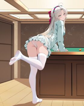 1girl absurdres ahoge aqua_dress aqua_eyes ass blush breasts cameltoe carlotta_(wuthering_waves) closed_mouth commentary_request dress eyebrows_hidden_by_hair from_behind full_body grey_hair highres long_hair looking_at_viewer medium_breasts panties pantyshot pool_table shadow smile soles solo standing standing_on_one_leg table thighhighs toes underwear weitaming_c white_thighhighs wuthering_waves