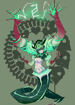 1girl absurdres bone breasts clothing_cutout crossover electricity energy eternal_darkness:_sanity's_requiem extra_arms extra_eyes extra_hands glowing glowing_eyes glyph green_background green_eyes green_hair heart_(symbol) highres horizontal_pupils long_hair looking_at_viewer mermaid midriff monster_girl navel nintendo no_pupils personification revealing_clothes sigil silicon_knights simple_background skull slit_pupils small_breasts smile spine stomach_cutout sucker_for_love tail tn_scallion underboob very_long_hair xel'lotath