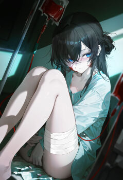 1girl absurdres bandaid bandaid_on_leg black_hair blood blood_bag blood_on_face blue_eyes blurry blurry_foreground closed_mouth covering_crotch covering_privates crossed_bangs dutch_angle feet_out_of_frame hair_between_eyes highres hospital_gown indoors iv_stand knees_up long_hair looking_at_viewer neiless_neiro original pill shade sitting solo very_long_hair