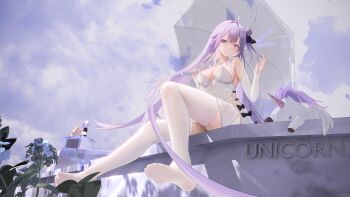 1girl absurdres azur_lane breasts commentary cyp3a2 detached_sleeves english_commentary from_below full_body highres holding holding_umbrella looking_at_viewer medium_breasts purple_eyes purple_hair solo thighhighs umbrella unicorn_(azur_lane) white_thighhighs white_umbrella