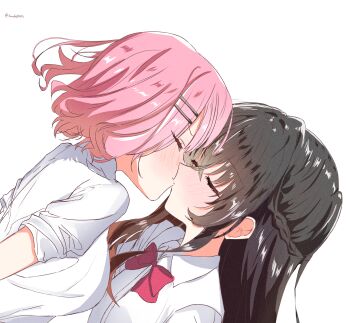 2girls absurdres amaori_renako black_hair blush bow bowtie braid closed_eyes collared_shirt commentary dated_commentary half_up_braid highres kiss konoha12562 koto_satsuki medium_hair multiple_girls nervous_sweating pink_hair red_bow red_bowtie shirt simple_background sweat watashi_ga_koibito_ni_nareru_wake_naijan_murimuri! white_background white_shirt yuri