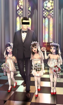 1boy 3girls a-801 age_difference bare_shoulders black_hair black_suit blush bouquet bow bowtie breasts bridal_veil bride brown_eyes brown_hair censored censored_identity choker collar collarbone convenient_censoring dress elbow_gloves eyelashes eyeliner eyeshadow flat_chest flower flower_wreath forehead formal_clothes frilled_collar frills full_body garter_belt garter_straps gloves groin hair_flower hair_ornament harem high_heels highres hime_cut holding holding_bouquet holding_flower holding_hands indoors lips lipstick loli loli_harem long_hair makeup multiple_girls nipples no_panties nose open_mouth original pink_lips red_shoes shiny_skin shoes short_hair small_breasts smile standing suit teeth thighhighs tile_floor tiles tongue upper_teeth_only veil walking wedding_dress white_dress white_gloves white_thighhighs window