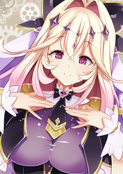 Rule 34 | 1girl, alternate breast size (larger), black bow, blonde hair, blush, bow, brooch, brown background, closed mouth, commentary request, crossed bangs, cure arcana shadow, dot nose, gear background, gradient hair, hair between eyes, hair bow, hair intakes, hamuhamu, head tilt, heart, heart-shaped pupils, heart brooch, jewelry, long hair, looking at viewer, magical girl, meitantei precure!, moria luluka, multicolored hair, paid reward available, pink hair, precure, purple eyes, purple veil, shiny clothes, sidelocks, smile, solo, split mouth, symbol-shaped pupils, upper body, veil, white wrist cuffs, wrist cuffs