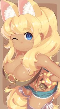 1girl ;) ;3 bare_shoulders blonde_hair blue_eyes breasts cleavage dark-skinned_female dark_skin denim denim_shorts facial_mark female_focus fingerless_gloves from_above gloves hand_on_own_hip highres large_breasts liru long_hair looking_at_viewer monosenbei o-ring o-ring_top one_eye_closed ponytail renkin_san-kyuu_magical_pokaan short_shorts shorts sideboob smile solo suspenders swept_bangs tail thighs whisker_markings wolf_girl wolf_tail